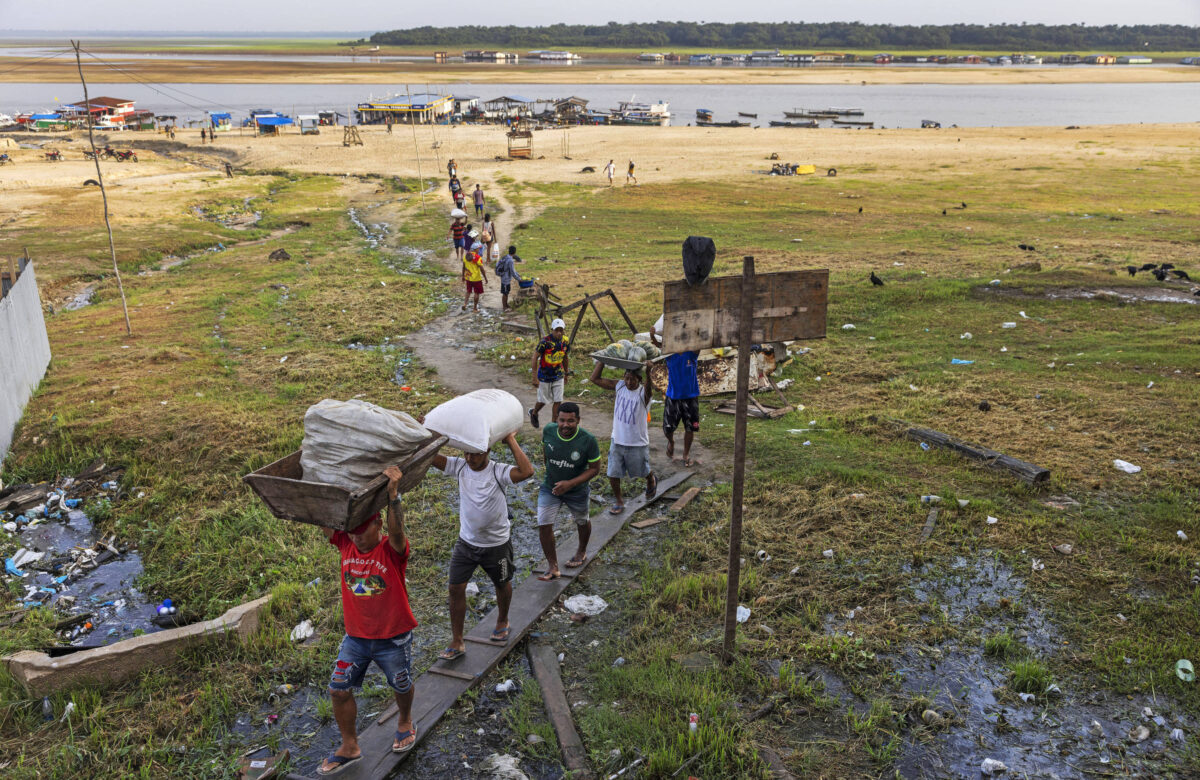 Um grupo de homens em fila percorrem um caminho segurando sacas cheias sobre suas cabeças em uma área verde