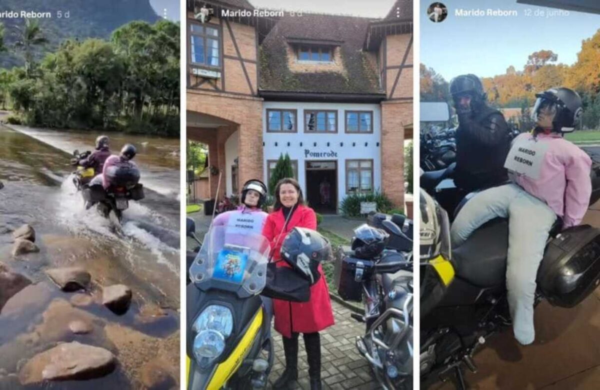 Turista leva “marido reborn” na garupa de moto e provoca risadas. Veja