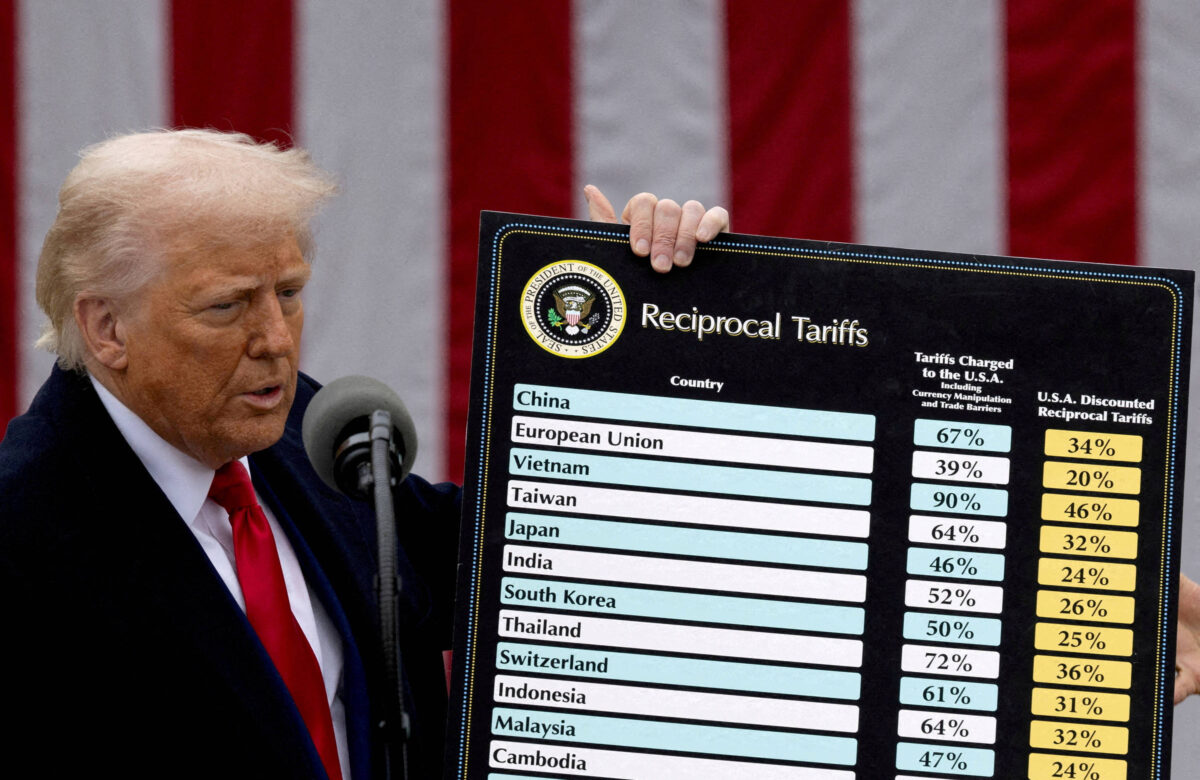 A imagem mostra um homem segurando um cartaz com informações sobre tarifas recíprocas de vários países em relação aos Estados Unidos. O cartaz apresenta uma tabela com os nomes dos países e as respectivas tarifas cobradas. Ao fundo, há uma bandeira americana.