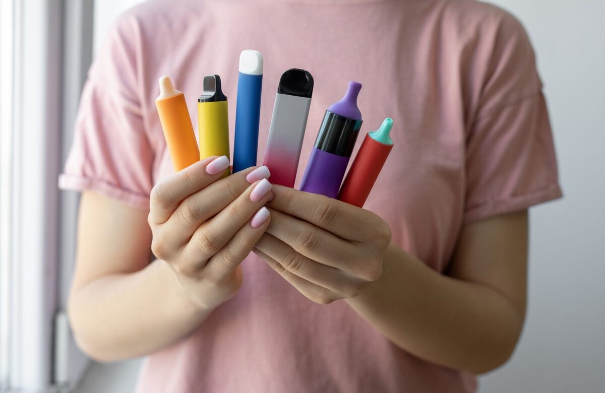 Foto colorida de mão feminina segurando vários tipos de cigarros eletrônicos - Vape