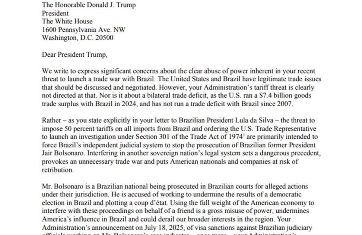 Em carta a Trump, senadores democratas condenam tarifas ao Brasil