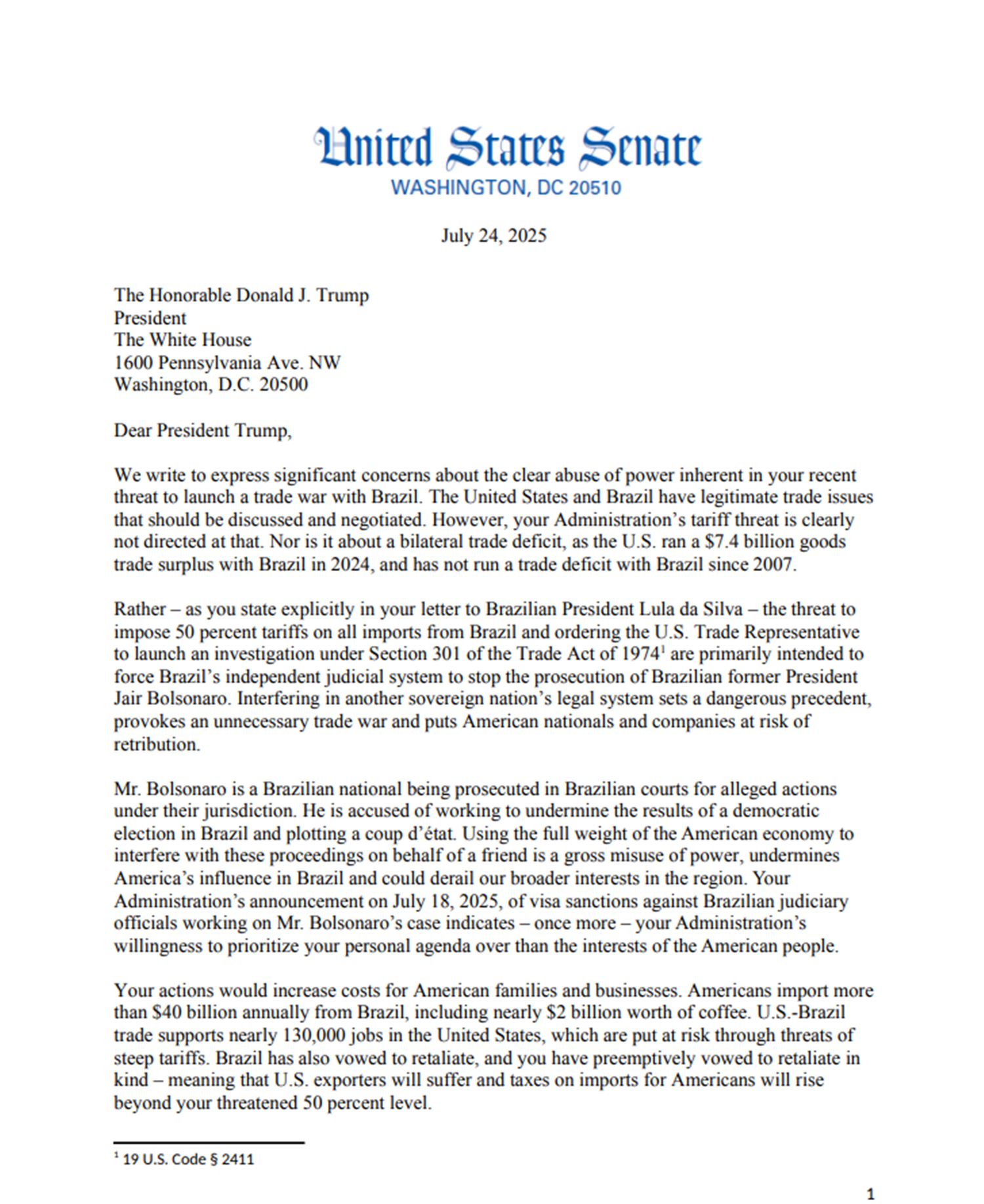 Em carta a Trump, senadores democratas condenam tarifas ao Brasil