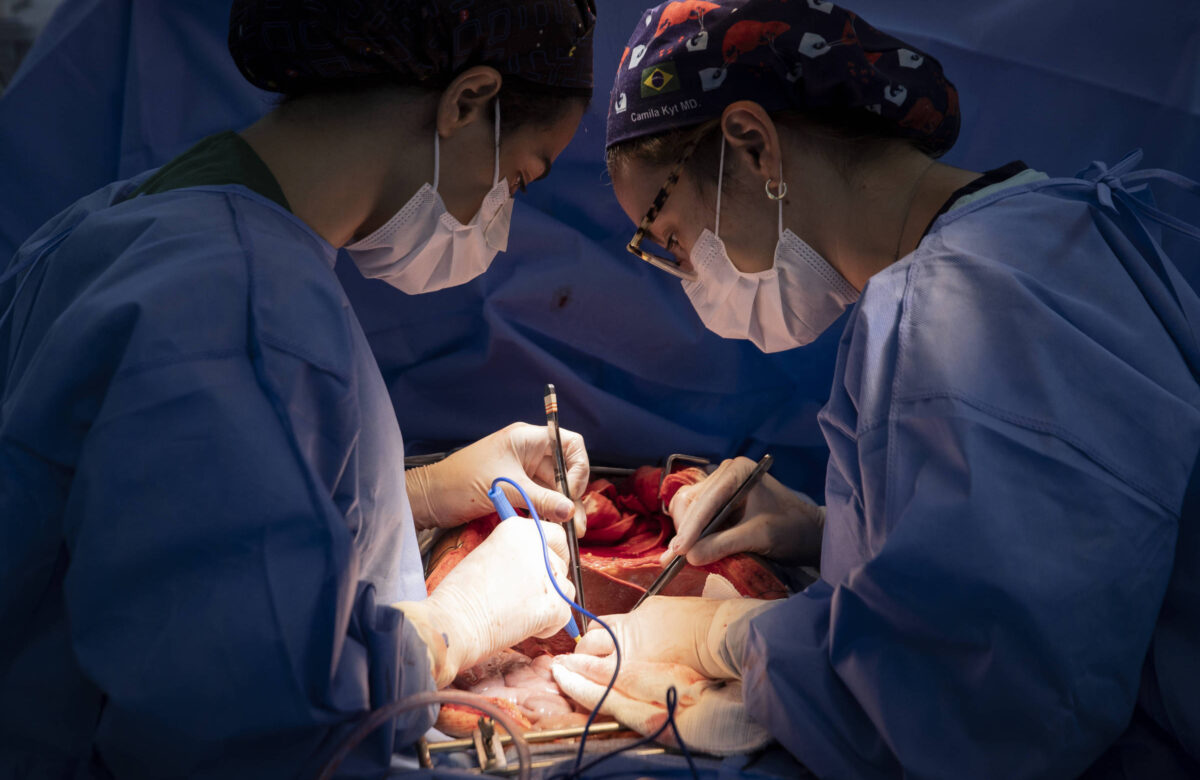 Duas profissionais de saúde estão realizando uma cirurgia. Ambas estão vestidas com roupas cirúrgicas azuis e usam máscaras. Uma delas está segurando um instrumento cirúrgico, enquanto a outra está concentrada em uma área exposta do corpo, que parece estar sob iluminação focada. O ambiente é de um centro cirúrgico, com um fundo azul e equipamentos cirúrgicos visíveis.