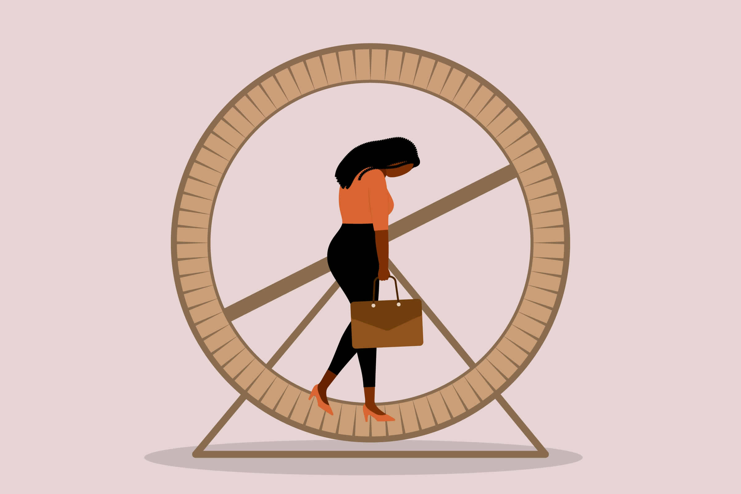 Ilustração de funcionária negra com fadiga andando na roda do hamster, fundo da imagem é rosa