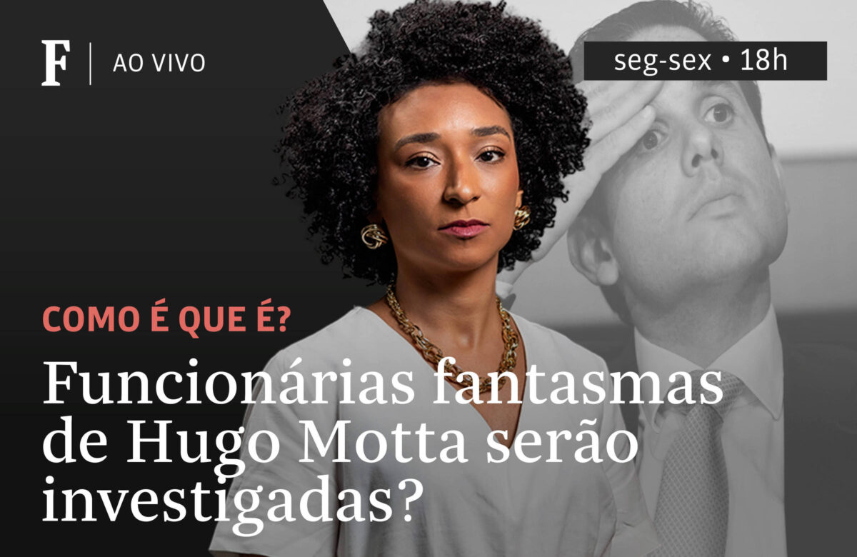 A imagem apresenta uma mulher negra com cabelo cacheado e uma blusa branca, olhando diretamente para a câmera. Ao fundo, foto em primeiro plano de Hugo Motta. Ele está com uma das mãos na testa e semblante sério. O texto na imagem diz: