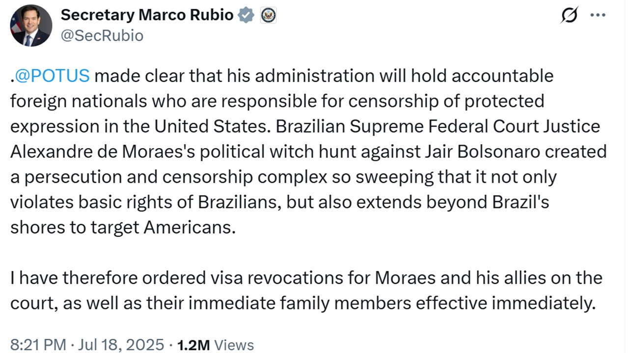 Governo Trump revoga vistos de Moraes e “aliados” dele no STF