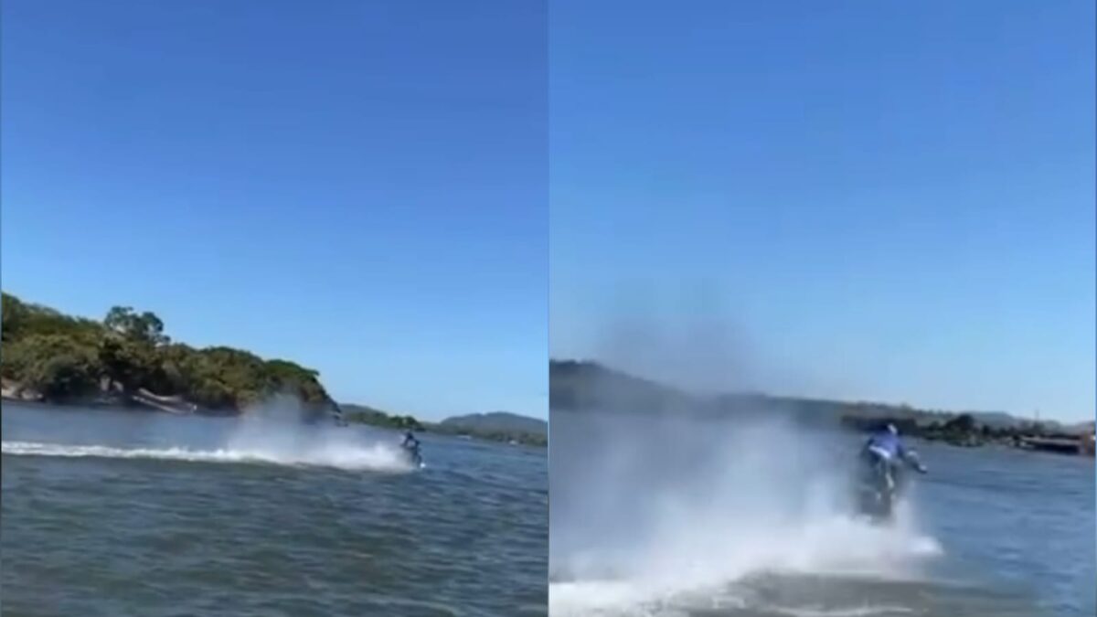 Homem atravessa rio pilotando moto e vídeo viraliza; assista