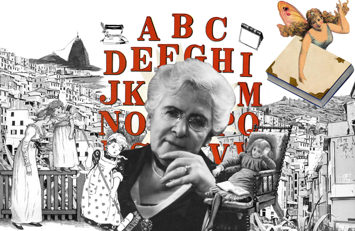 A imagem é uma colagem artística que apresenta uma mulher idosa com cabelo grisalho e óculos, em primeiro plano. Ao fundo, há uma ilustração de uma cidade com casas empilhadas. Letras do alfabeto estão dispostas em destaque, e há figuras de crianças e uma fada, além de um livro aberto. A composição mistura elementos de ilustração e fotografia, criando um efeito visual interessante.