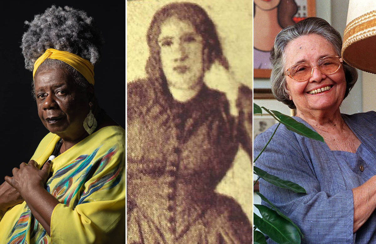 A imagem é composta por três retratos de mulheres. À esquerda, uma mulher idosa com cabelo grisalho e volumoso, usando uma blusa amarela com detalhes coloridos. No centro, uma fotografia antiga em preto e branco de uma mulher com cabelo preso, vestindo um vestido escuro. À direita, uma mulher mais velha com cabelo grisalho, usando óculos e uma blusa azul, segurando uma lâmpada. O fundo é claro e há uma planta visível à direita.