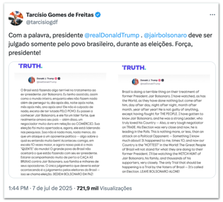 Tarcísio nunca disse nada contra as tentativas de golpe e volta a apoiar Bolsonaro com post de Trump