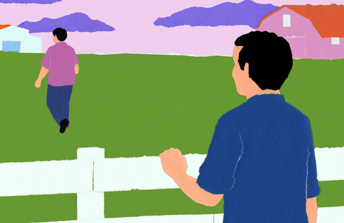 A imagem apresenta um cenário de campo com duas figuras humanas. Uma pessoa está de costas, olhando para outra que se afasta. O fundo é composto por um céu em tons de rosa e roxo, com nuvens, e há uma cerca branca na frente. Ao fundo, há uma casa e um celeiro com telhados vermelhos.
