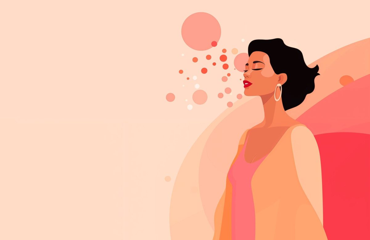 A imagem apresenta uma ilustração de uma mulher com cabelo curto e ondulado, usando brincos grandes. Ela está de perfil, com os olhos fechados e uma expressão serena. Ao fundo, há formas circulares em tons de rosa e laranja, criando um efeito suave e abstrato. O fundo é de um tom claro, complementando a paleta de cores da ilustração.